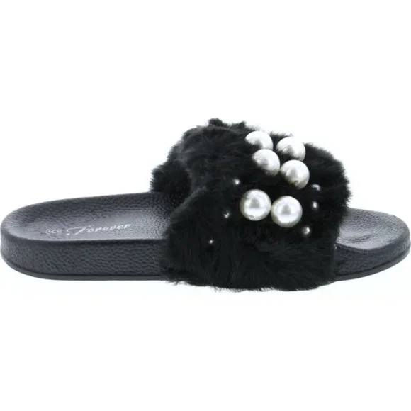 Black Slides Faux Fur and Pearl sandals NWT size 10 - Picture 3 of 9